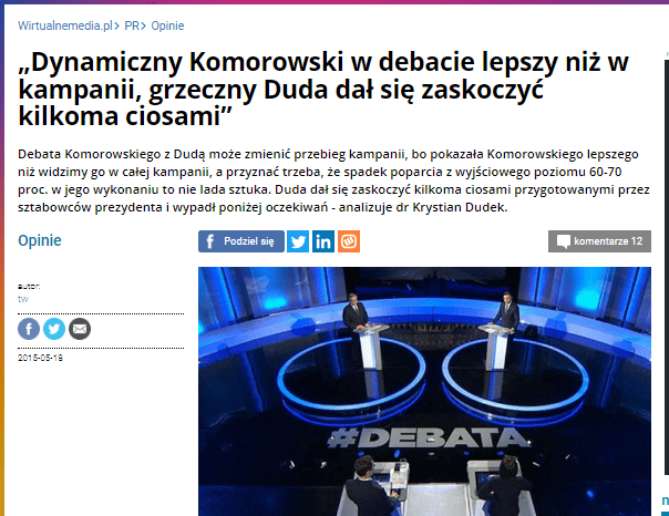 Publikacja na portalu Wirtualnemedia.pl. Wywiad z dr. Krystianem Dudkiem. Debata prezydencka 2015.