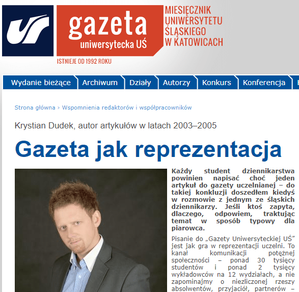 Publikacja dr. Krystiana Dudka w gazecie uniwersyteckiej UŚ. miesięcznik uniwersytetu Śląskiego w Katowicach.