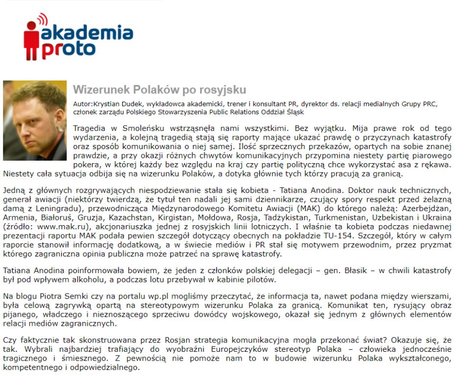 Publikacja dr Krystiana Dudka na portalu Akademia proto o katastrofie smoleńskiej.